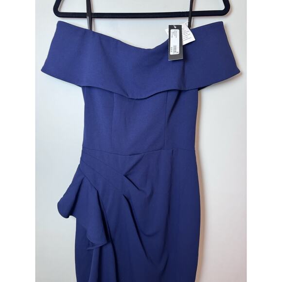 Betsy & Adam Side Pleat Ruffle Sheath Dress Navy Blue Sz 4 Style A24748 NWT $239 - Picture 4 of 16